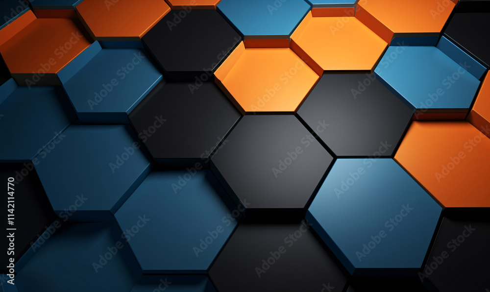 Black blue and orange hexagon background pattern 3D rendering. Abstract technical background for presentation. Black blue and orange hexagon background pattern 3D rendering. Abstract technical background for presentation.