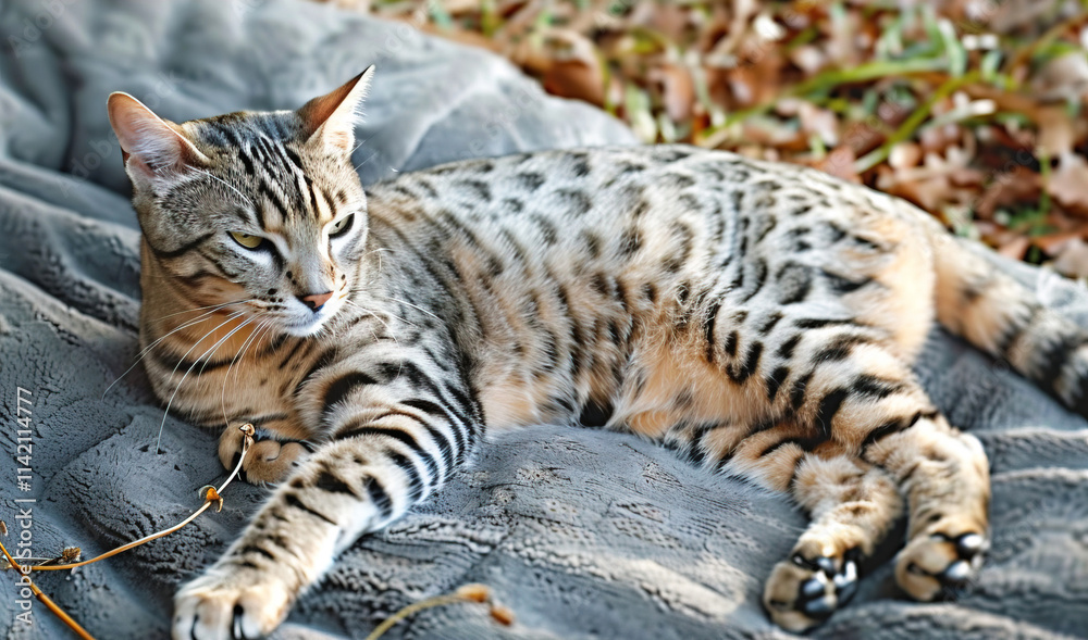 Fototapeta premium Egyptian Mau cat lounging comfortably on a cozy bed surrounded by soft blankets