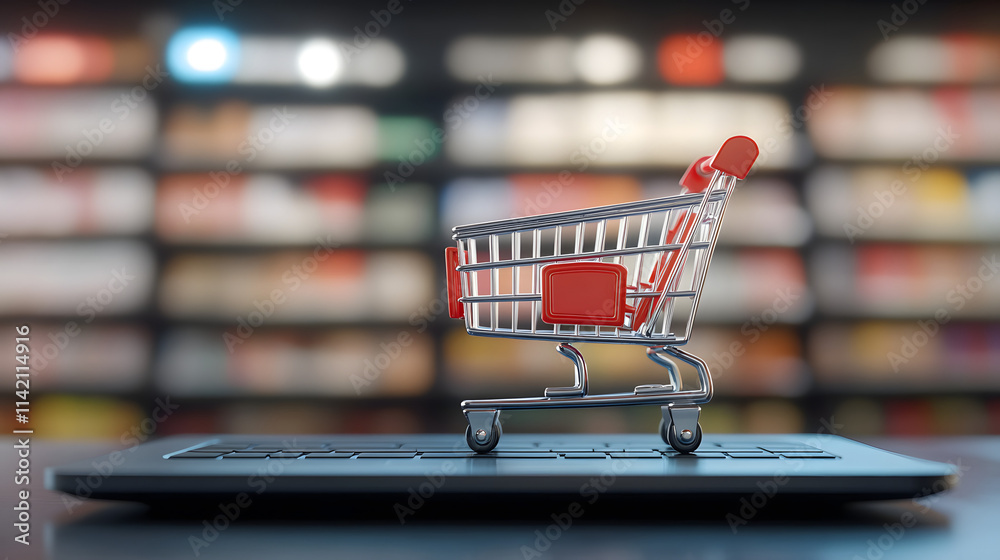 A small shopping cart placed on top of a laptop computer, symbolizing online shopping and e-commerce, highlighting the convenience and modern trends of digital retail and consumerism.
A small shopping cart placed on top of a laptop computer, symbolizing online shopping and e-commerce, highlighting the convenience and modern trends of digital retail and consumerism.