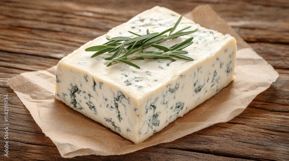 Blue Cheese with Rosemary on Wooden Background, Gourmet Food, Cheese Photography, Culinary Concept, and Flavorful Pairing.