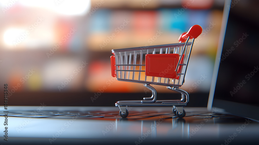 A small shopping cart placed on top of a laptop computer, symbolizing online shopping and e-commerce, highlighting the convenience and modern trends of digital retail and consumerism.
A small shopping cart placed on top of a laptop computer, symbolizing online shopping and e-commerce, highlighting the convenience and modern trends of digital retail and consumerism.
