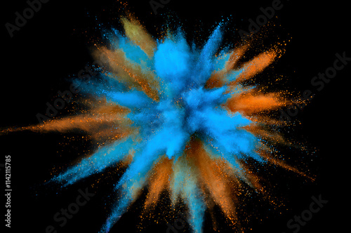 Colored powder explosion. Abstract closeup dust on backdrop. Colorful explode. Paint holi