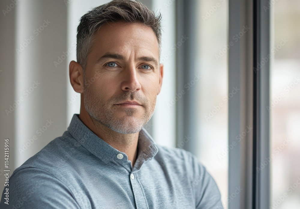 Thoughtful man with gray hair and blue eyes gazing out the window, wearing a casual shirt, reflecting on life decisions and personal growth in a well-lit indoor setting. Thoughtful man with gray hair and blue eyes gazing out the window, wearing a casual shirt, reflecting on life decisions and personal growth in a well-lit indoor setting.