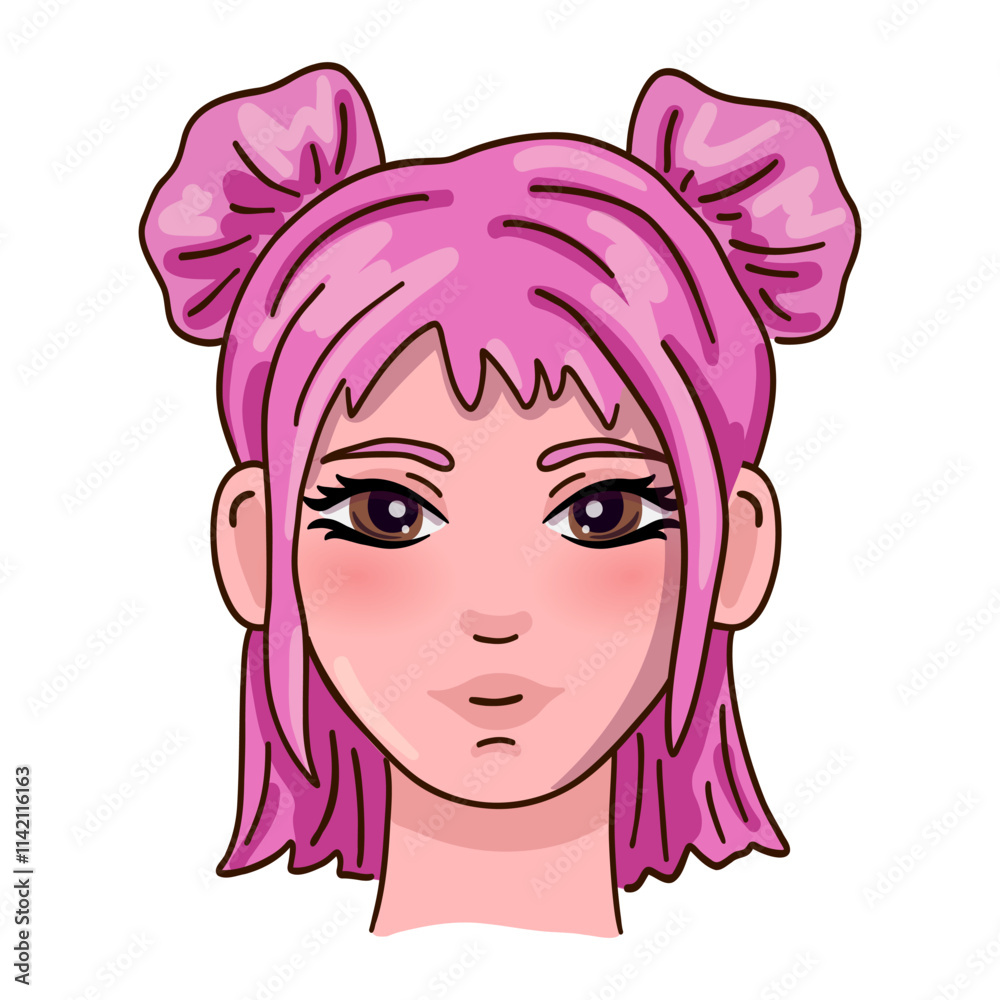 Cute female person head with pink hair. Vector illustration. Cute female person head with pink hair. Vector illustration.