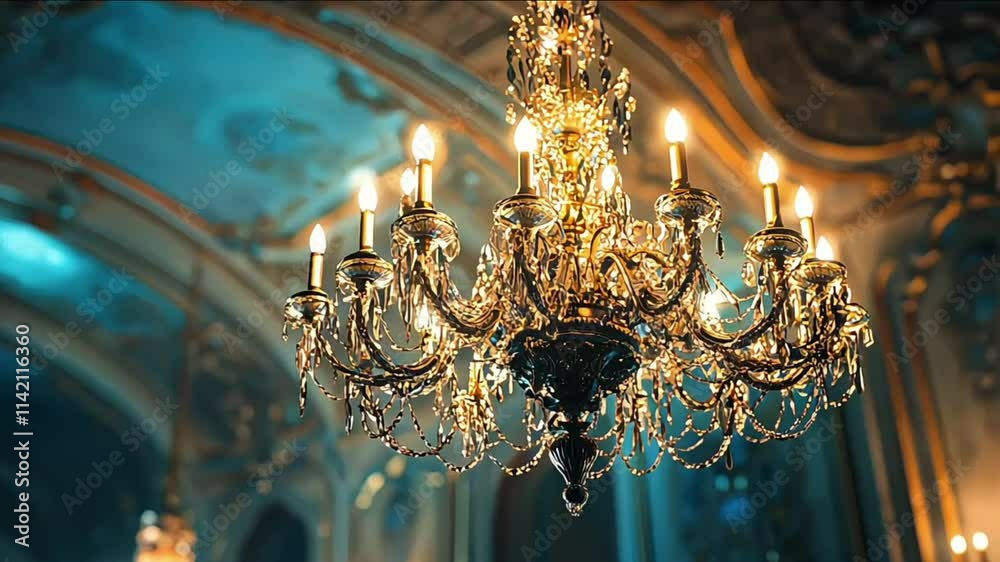 Opulent crystal chandelier with warm golden lights illuminates an ornate, elegant room with a rich blue ceiling, creating a luxurious and classic ambiance Opulent crystal chandelier with warm golden lights illuminates an ornate, elegant room with a rich blue ceiling, creating a luxurious and classic ambiance