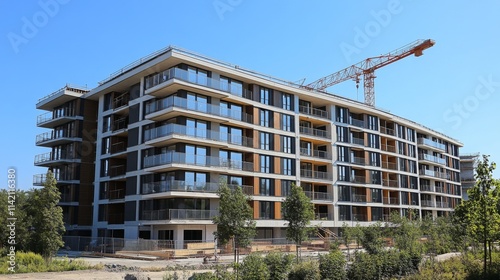 Construction site with a large unfinished building and crane