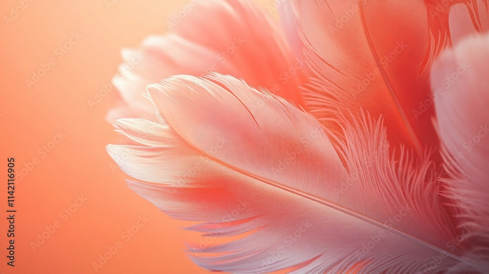 Close-up of delicate, soft pink and white feathers against a warm orange background. Close-up of delicate, soft pink and white feathers against a warm orange background.