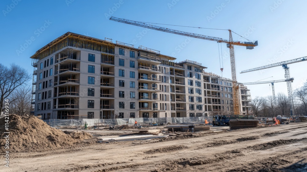 Construction site with cranes and dirt ground under clear sky Construction site with cranes and dirt ground under clear sky