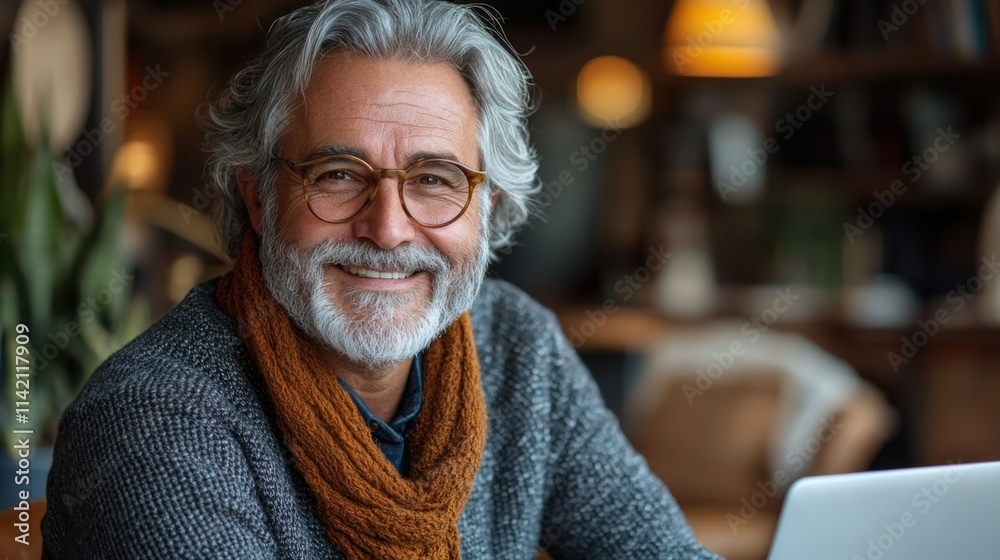 Sophisticated older man with gray beard using laptop in vintage-style leather chair, relaxed atmosphere, professional senior, intellectual lifestyle, indoor study, work from home. Sophisticated older man with gray beard using laptop in vintage-style leather chair, relaxed atmosphere, professional senior, intellectual lifestyle, indoor study, work from home.