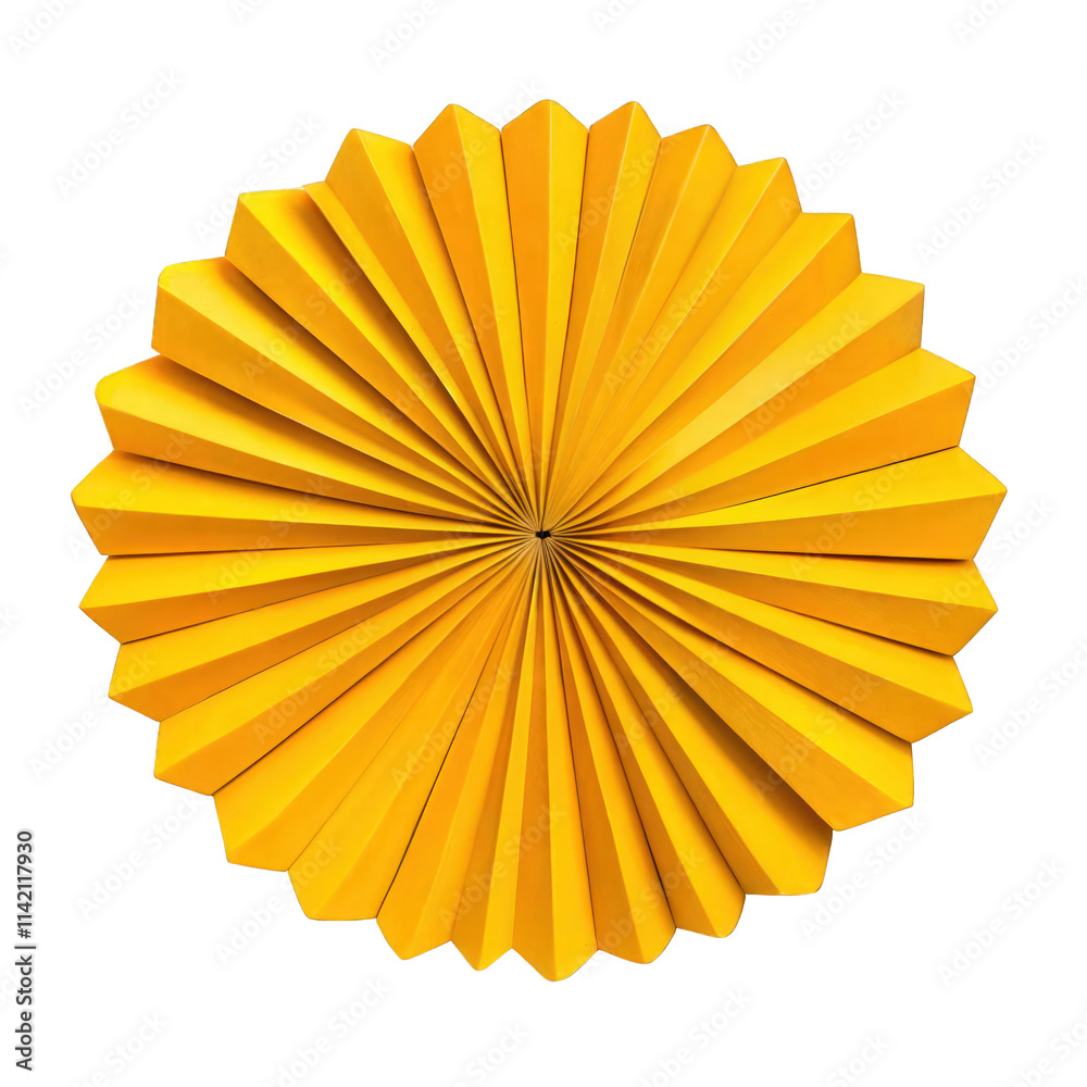 Yellow paper fan decoration with pleated design isolated on transparent background