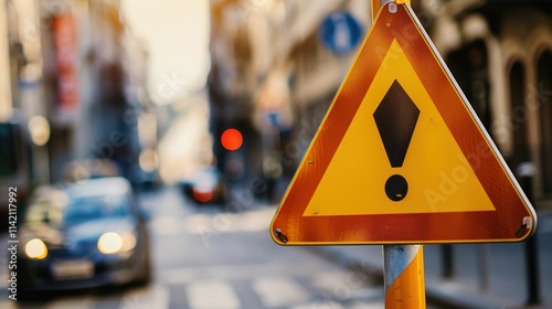 Yellow triangle traffic sign with black exclamation mark symbolizing police warning, clear and sharp with ample copy space for text or design.