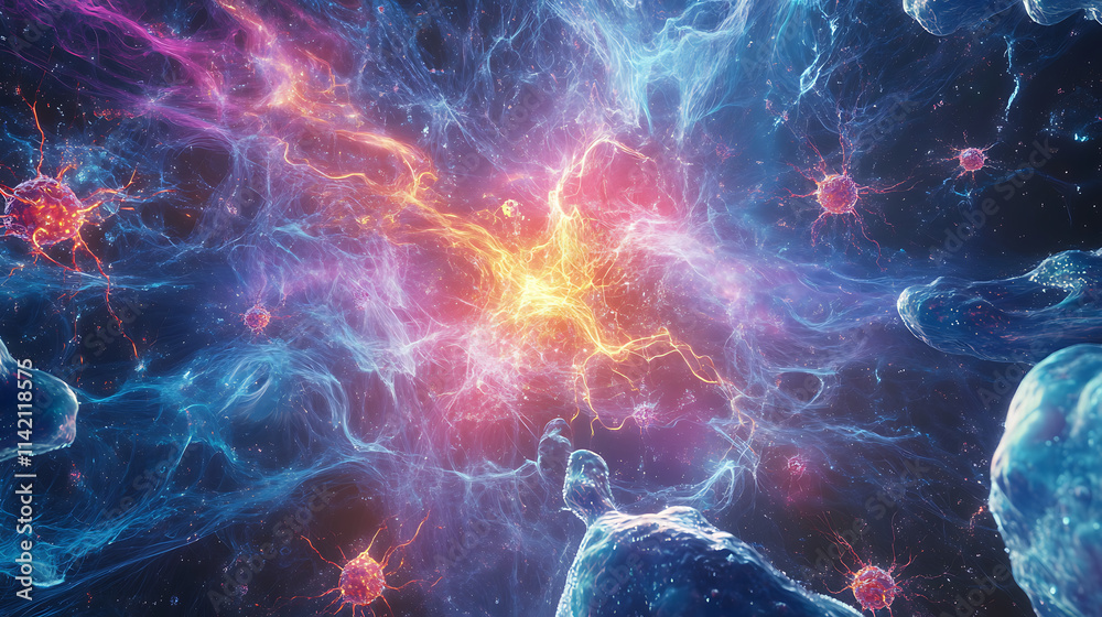 Cosmic Cell Symphony: A mesmerizing abstract illustration depicting a vibrant, swirling cosmos of cells, capturing the beauty and complexity of microscopic life.