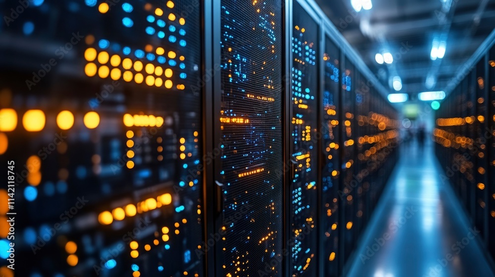 Modern Data Center Server Room with Blue and Orange LED Lights in Dark Environment Modern Data Center Server Room with Blue and Orange LED Lights in Dark Environment