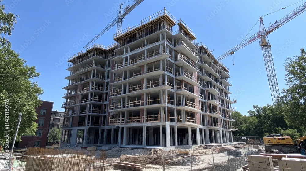 Construction site with a crane and unfinished residential building Construction site with a crane and unfinished residential building
