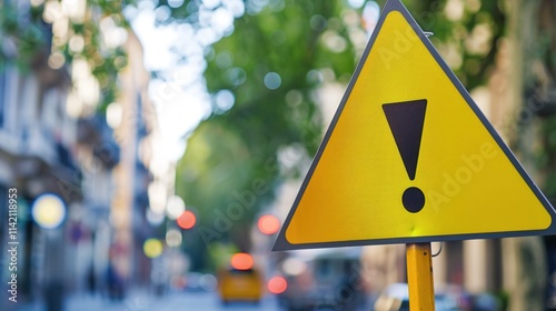Yellow triangle traffic sign with black exclamation mark symbolizing police warning, clear and sharp with ample copy space for text or design.