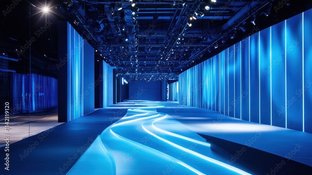 Fototapeta premium Blue Neon Runway - Stage for Fashion Show or Presentation