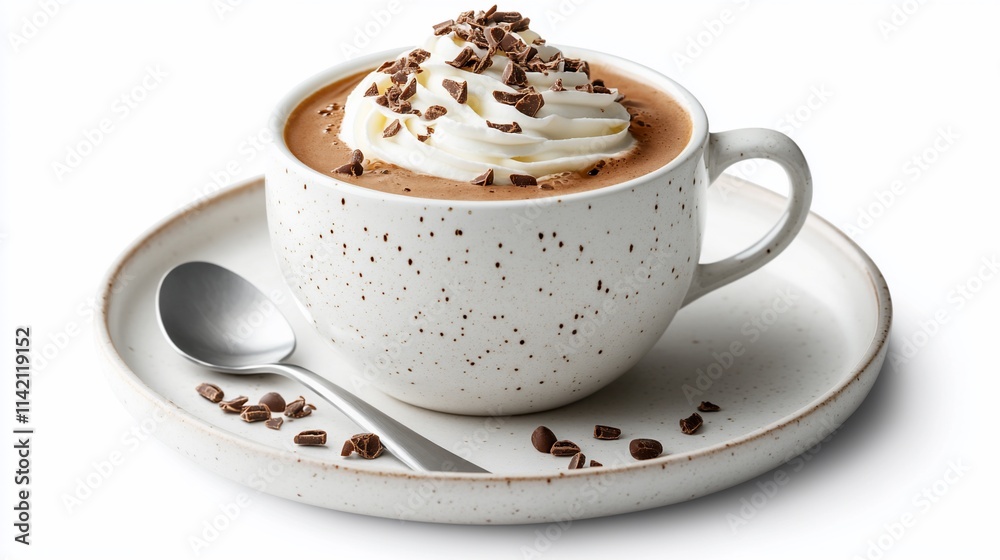 Creamy hot chocolate in a speckled mug with whipped cream and chocolate shavings, served on a saucer with a spoon. Creamy hot chocolate in a speckled mug with whipped cream and chocolate shavings, served on a saucer with a spoon.