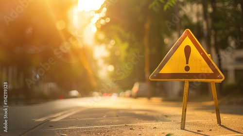 Yellow triangle traffic sign with black exclamation mark symbolizing police warning, clear and sharp with ample copy space for text or design.
