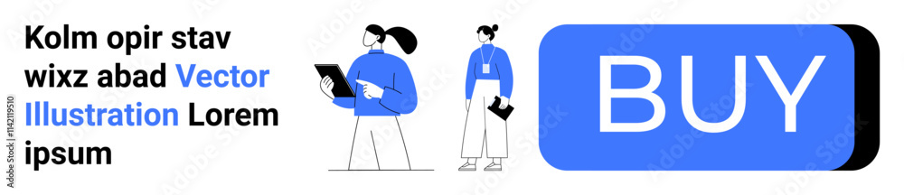 Two stylized characters interact next to a large Buy button on the right. Text elements on the left. Ideal for e-commerce, online shopping, digital marketing, web design, business, call-to-action Two stylized characters interact next to a large Buy button on the right. Text elements on the left. Ideal for e-commerce, online shopping, digital marketing, web design, business, call-to-action