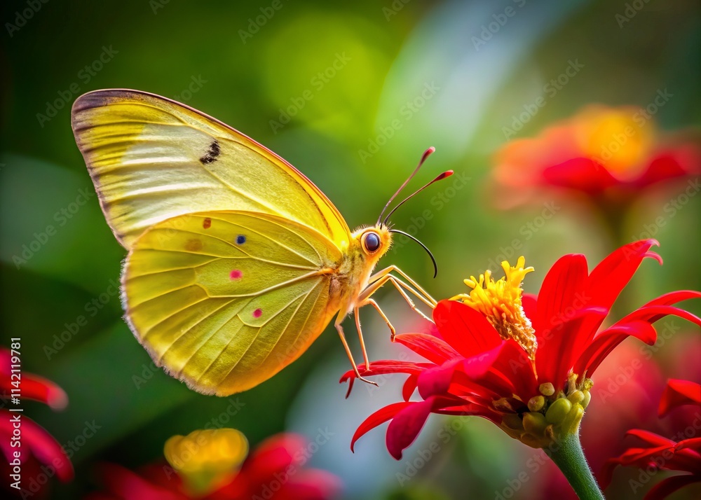 Common Grass Yellow Butterfly on Red Flower: Action Shot Photography - High-Resolution Images, Wildlife, Insect, Nature, Macro Photography Common Grass Yellow Butterfly on Red Flower: Action Shot Photography - High-Resolution Images, Wildlife, Insect, Nature, Macro Photography