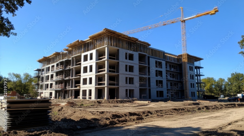 New apartment building under construction with scaffolding and crane machinery New apartment building under construction with scaffolding and crane machinery