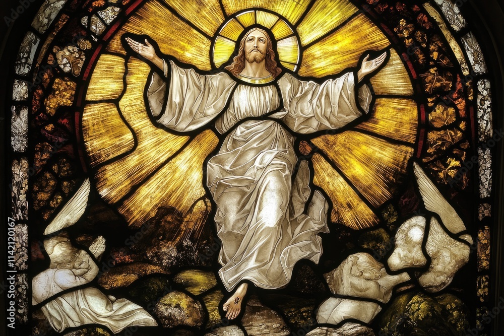 A stained glass window showing the resurrection of Christ, bathed in light A stained glass window showing the resurrection of Christ, bathed in light