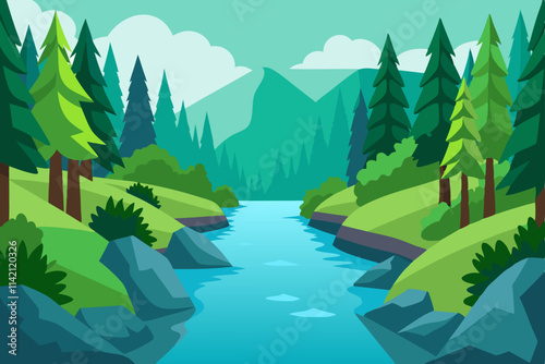 Peaceful River Scene Flowing Through a Dense Green Forest