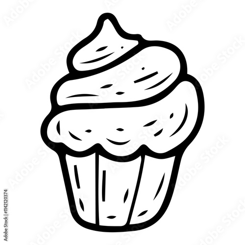 Cupcake with cream hand drawn doodle. Holiday baking. Sweet dessert. Sugar food. Cooked fresh sponge cake. Small portion. Vector line art illustration.