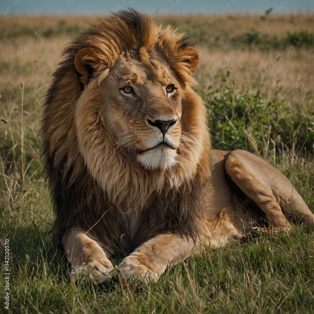 A lion resting on a small hill overlooking a grassy field.
A lion resting on a small hill overlooking a grassy field.