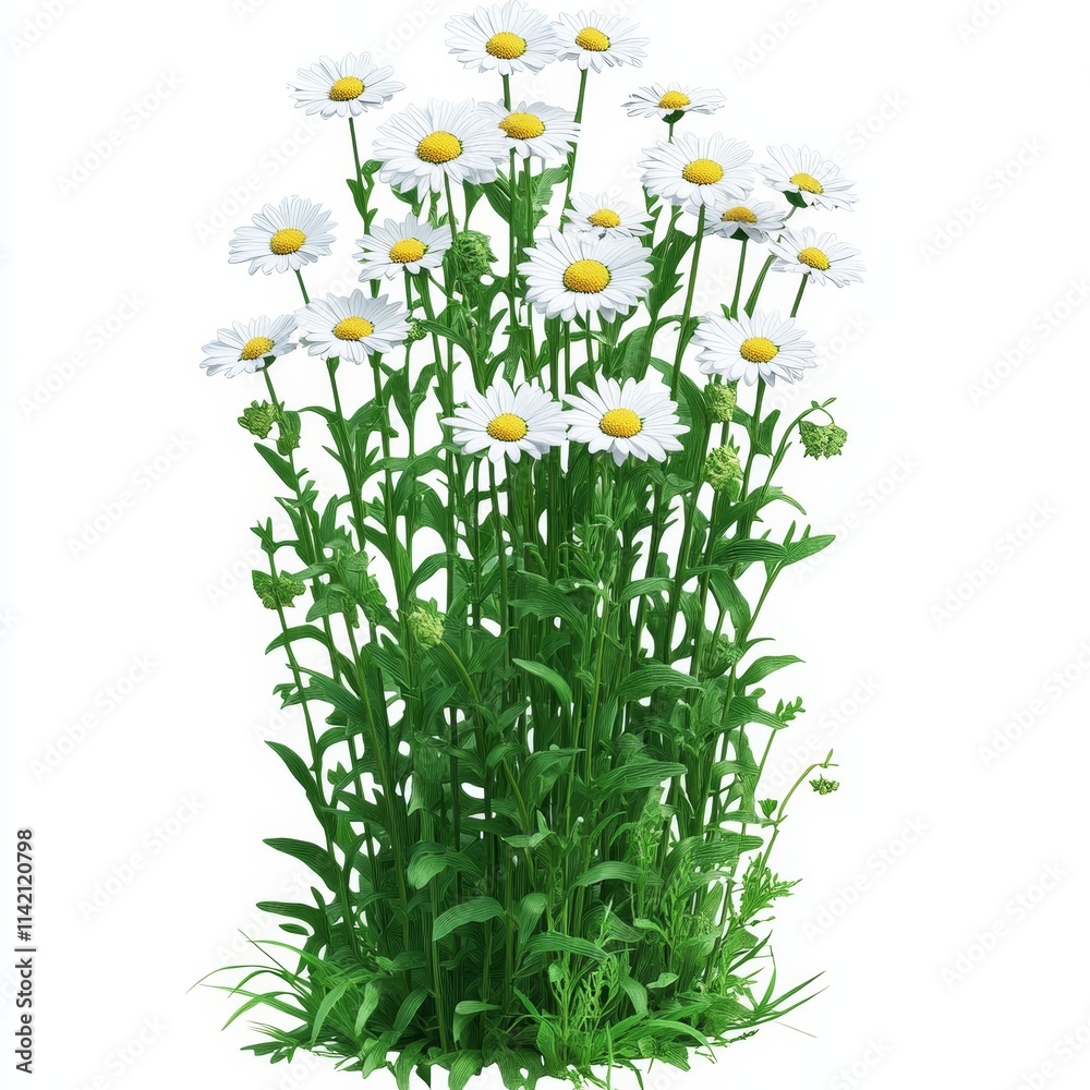 Fototapeta premium Daisies with Green Leaves Isolated on White Background, Floral Design, Botanical Illustration, Nature Concept for Decor, Gardening, and Art Projects.