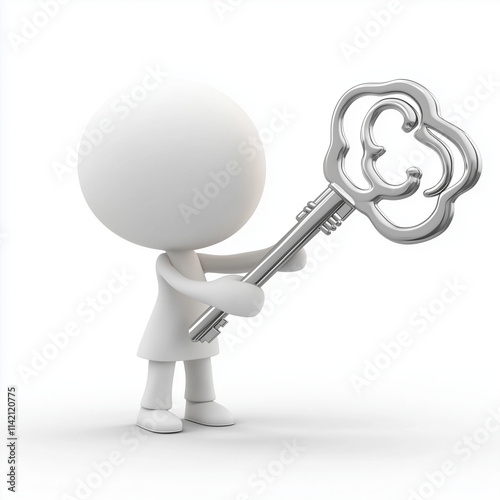 3D person holding giant key isolated on white background

