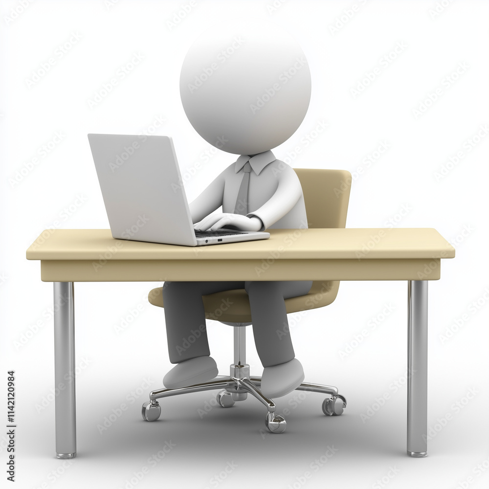 3D person sitting at desk with laptop working diligently isolated on white background
3D person sitting at desk with laptop working diligently isolated on white background