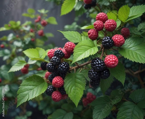 Dark purpleberry bush with blackberry berries and raspberry leaves , bushes, wildflower