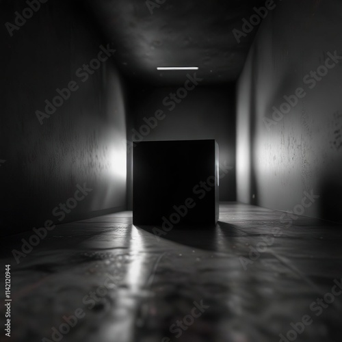 Dark hallway with a black cube partially hidden by shadows, dimly lit space, isolation, mysterious object