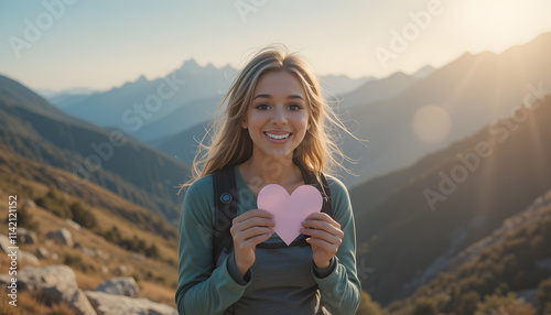 young fit hiker woman with a bright inviting smile holding a paper heart in the mountains, freedom, hikes, mental health, well lit picture, highly detailed, wellbeing, high dynamic range