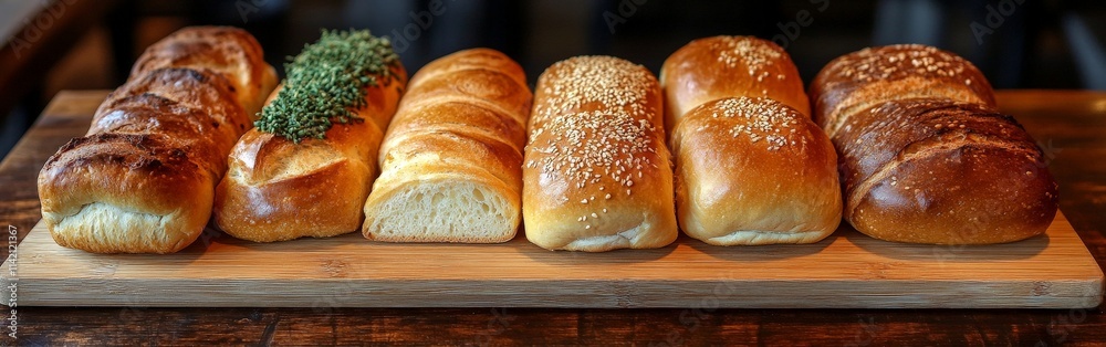 Fresh Bread Selection on Rustic Wooden Plate Fresh Bread Selection on Rustic Wooden Plate