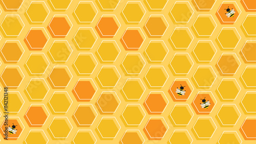 Abstract yellow and orange honeycomb background with bees scattered across the hexagonal cells