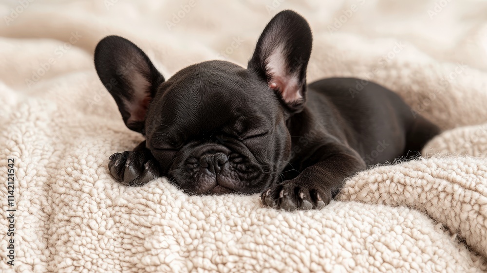 Soothing Relaxation for Your Dog concept. Sleeping black French Bulldog on a soft blanket. Soothing Relaxation for Your Dog concept. Sleeping black French Bulldog on a soft blanket.