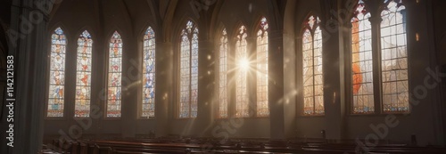 Cracked windows allow sun rays to pour into the church interior , broken glass, cracks, neglect