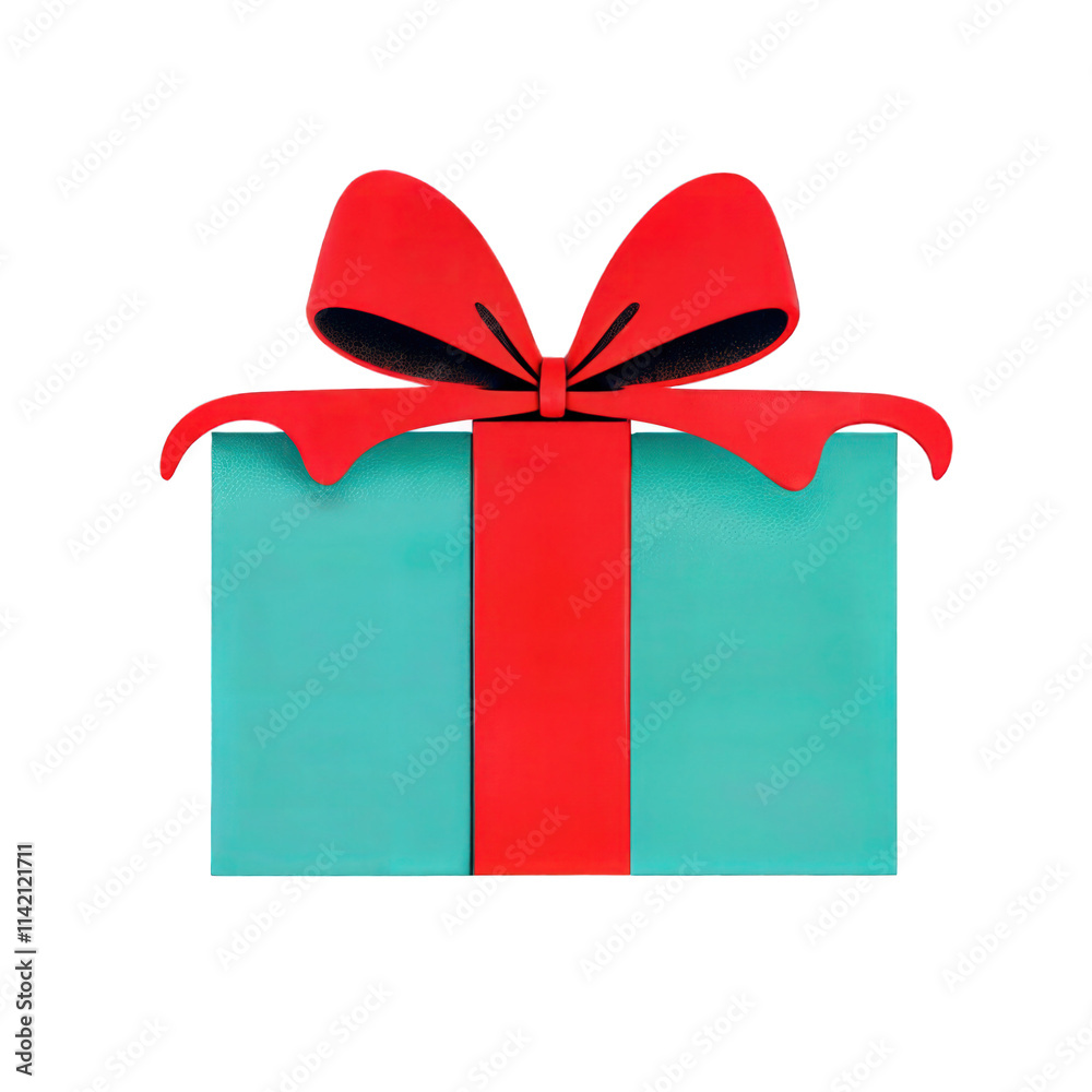Teal gift box with red ribbon and bow isolated on transparent background