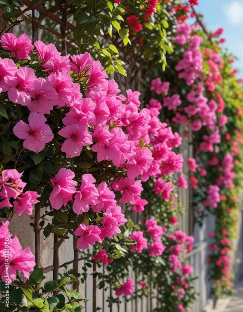Colorful Bougainvillea flowers in full bloom on a trellis, pink, flowers Colorful Bougainvillea flowers in full bloom on a trellis, pink, flowers