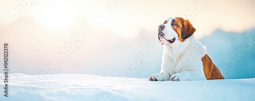 Soothing Relaxation for Your Dog concept. St. Bernard dog resting in snow with a serene background. photo