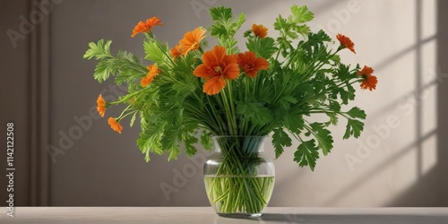 Celery leaves and stems in a vase with fresh flowers, plant parts, green, floral decoration