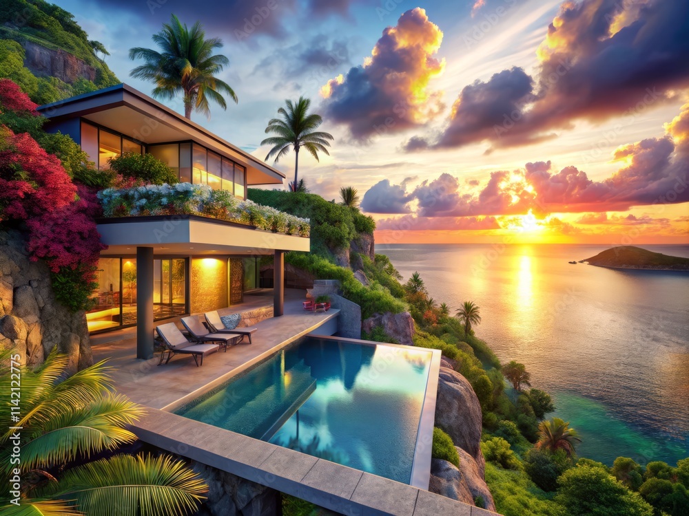 Fototapeta premium Stunning Cliffside Villa Infinity Pool Ocean View Tropical Paradise Luxury Getaway