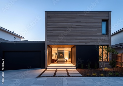 Modern luxury minimalist cubic house, villa with wooden cladding and black panel walls and landscaping design front yard. Residential architecture exterior  photo