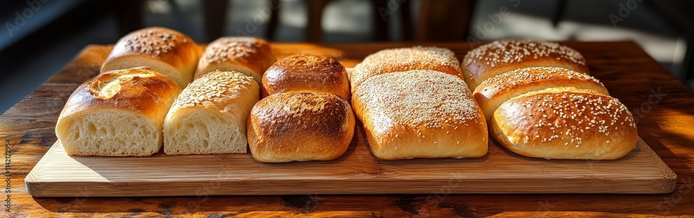Fresh Bread Selection on Rustic Wooden Plate Fresh Bread Selection on Rustic Wooden Plate