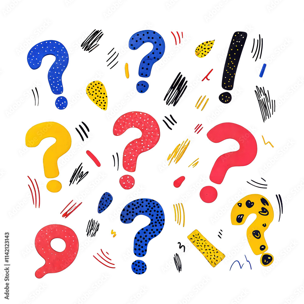 Colorful doodle question marks with abstract patterns isolated on transparent background