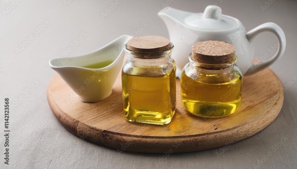 Oil hemp in two jars and sauceboat on wooden board Oil hemp in two jars and sauceboat on wooden board