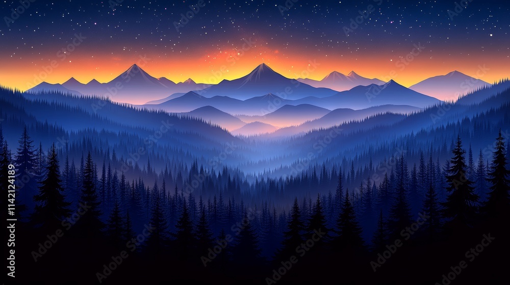 Gradient mountain landscape at night with foggy valley, ideal for nature art, scenic illustrations, travel design, environmental awareness, and digital graphic projects. Gradient mountain landscape at night with foggy valley, ideal for nature art, scenic illustrations, travel design, environmental awareness, and digital graphic projects.