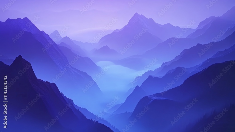 Gradient mountain landscape at night with foggy valley, ideal for nature art, scenic illustrations, travel design, environmental awareness, and digital graphic projects. Gradient mountain landscape at night with foggy valley, ideal for nature art, scenic illustrations, travel design, environmental awareness, and digital graphic projects.